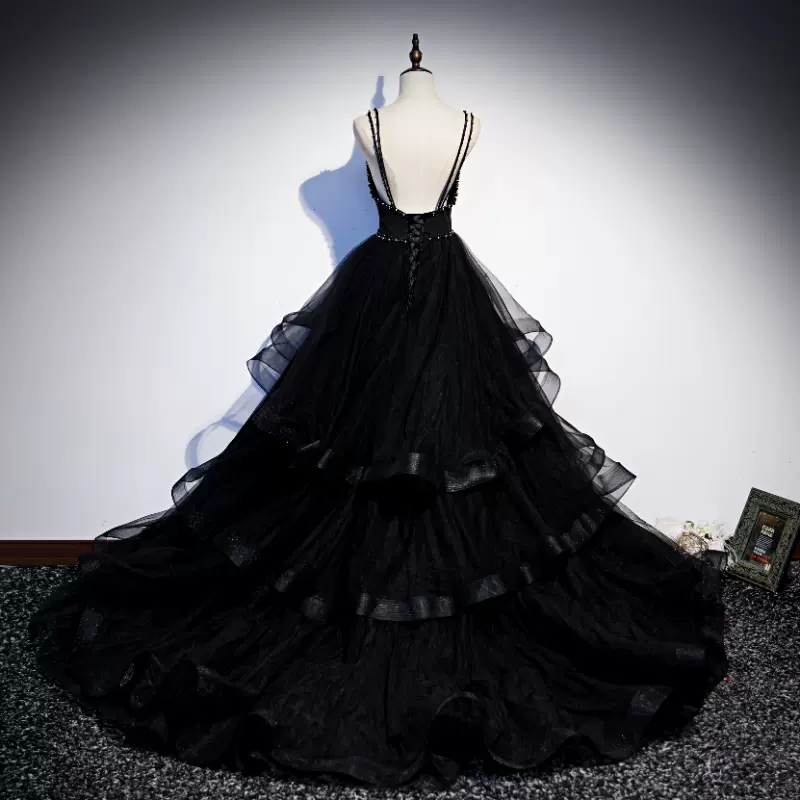 Schwarzes langes Ballkleid aus Tüll, Abendkleid, NV54