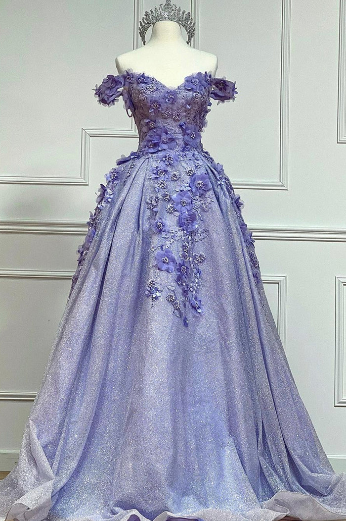 Lila Tüllspitze Bodenlanges Ballkleid, schulterfreies Abendkleid nv614