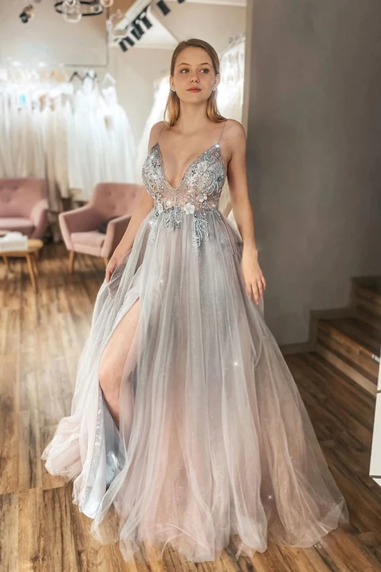 Einzigartiges langes Ballkleid aus Tüll mit V-Ausschnitt, Spitzenperlen und Tüll, formelles Kleid NV864