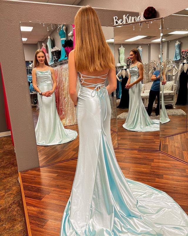 Süßes Meerjungfrau-Abschlussballkleid mit Wasserfallausschnitt, mintgrün, aus Seidensatin, lang, nv573