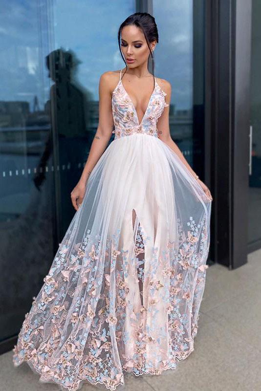 Wunderschönes A-Linien-Abendkleid mit tiefem V-Ausschnitt und Applikationen, langes Ballkleid, nv712