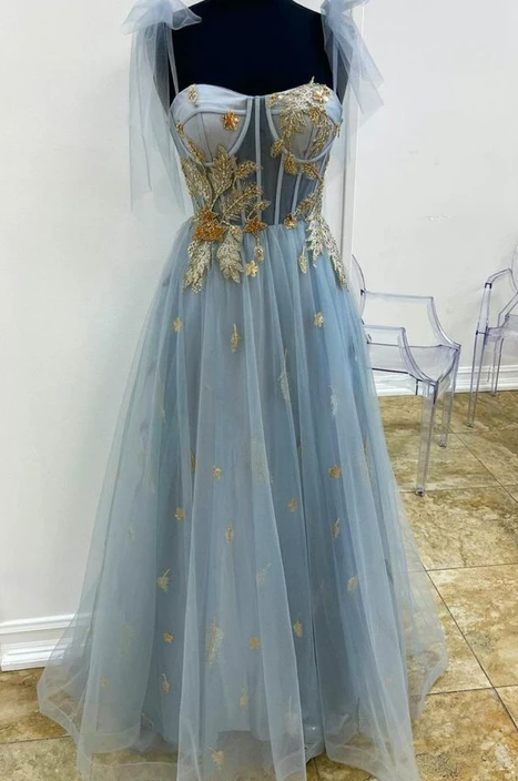 Langes Abendkleid in Blau und Gold mit Applikationen, A-Linie, Ballkleid, NV591