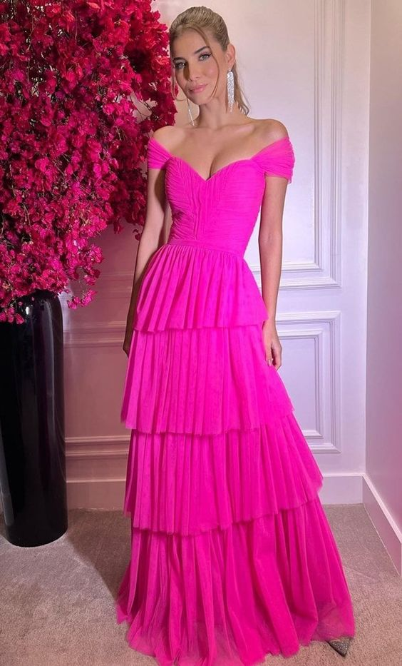Robe de soirée longue rose vif à épaules dénudées nv623