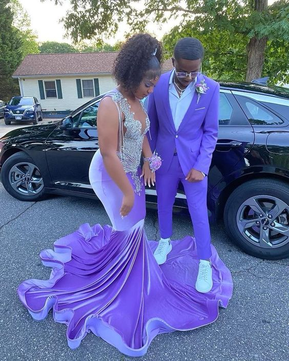 Lila Samt Meerjungfrau Langes Ballkleid für Mädchen Charmantes Abendkleid nv847