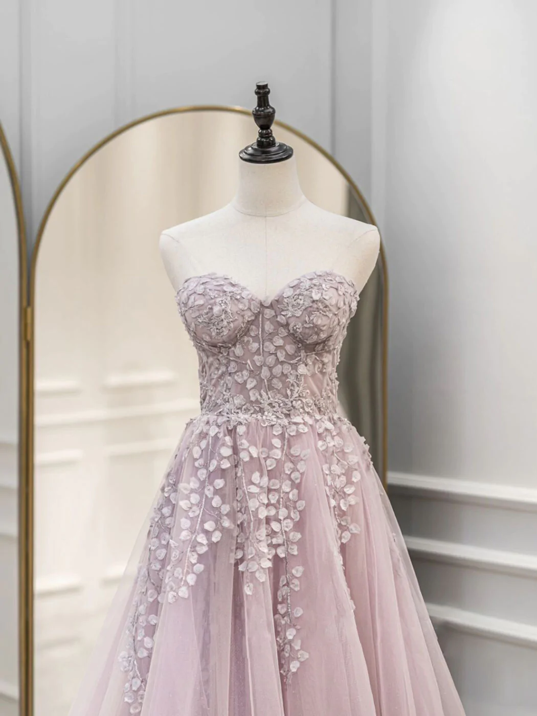 A-Linie Herzausschnitt Tüll Spitze Rosa Langes Ballkleid, Rosa Abendkleider nv603