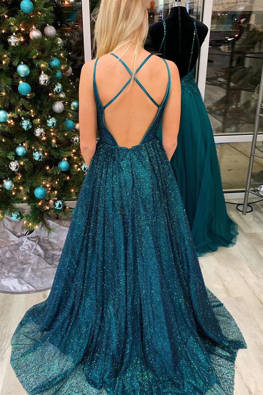 Glitzerndes, langes Ballkleid in A-Linie mit Spaghettiträgern, blaugrün, nv704