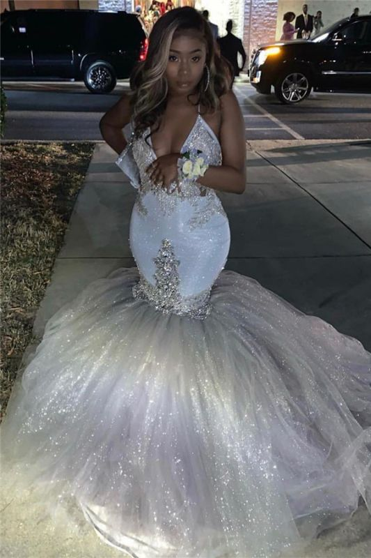 Silver Sparkling Sequins Prom Dresses Mermaid | Beads Appliques Spaghetti Straps Sexy Prom Gowns nv841