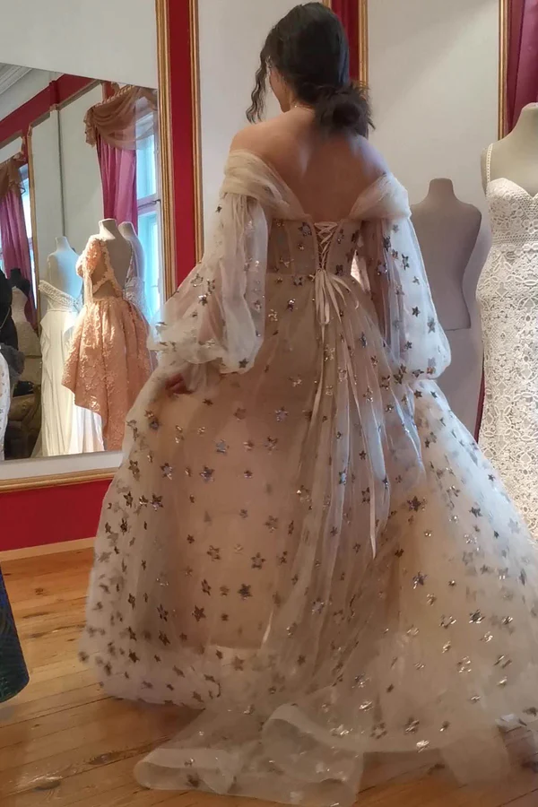 Prinzessin Tüll Sternenhimmel Ballkleid, funkelnde schulterfreies langes Partykleid mit Sternen nv858