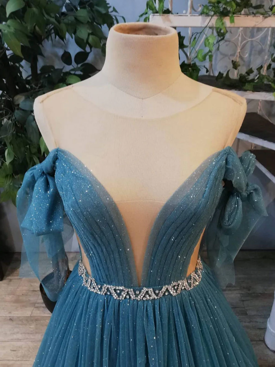 Grünes langes Ballkleid mit Rundhalsausschnitt und Pailletten aus Tüll, grünes Abendkleid nv832