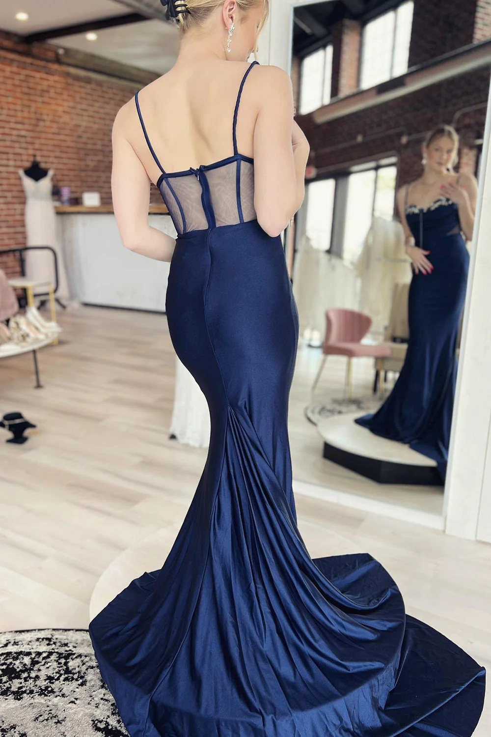 Meerjungfrau Spaghettiträger Marineblau Langes Ballkleid mit Schleppe nv675