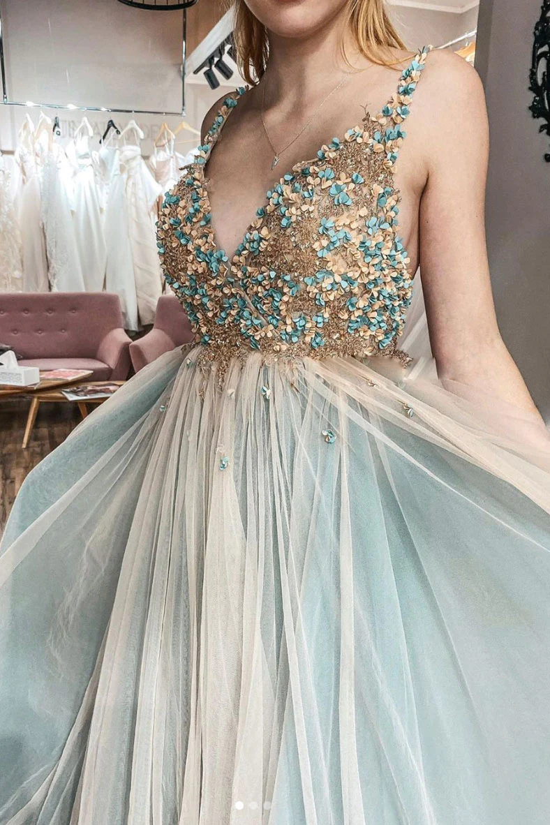 Einzigartiges langes Ballkleid aus Tüllspitze mit V-Ausschnitt, formelles Tüllkleid NV863