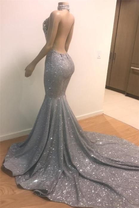Blaues rückenfreies langes Meerjungfrau-Ballkleid mit Kristallperlen nv845