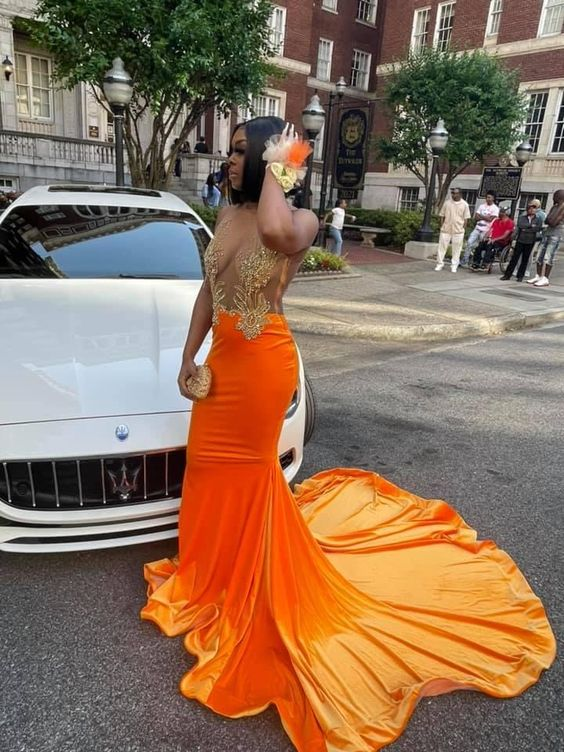 Orangefarbenes Meerjungfrau-Ballkleid aus Samt, sexy Abendkleid, NV869