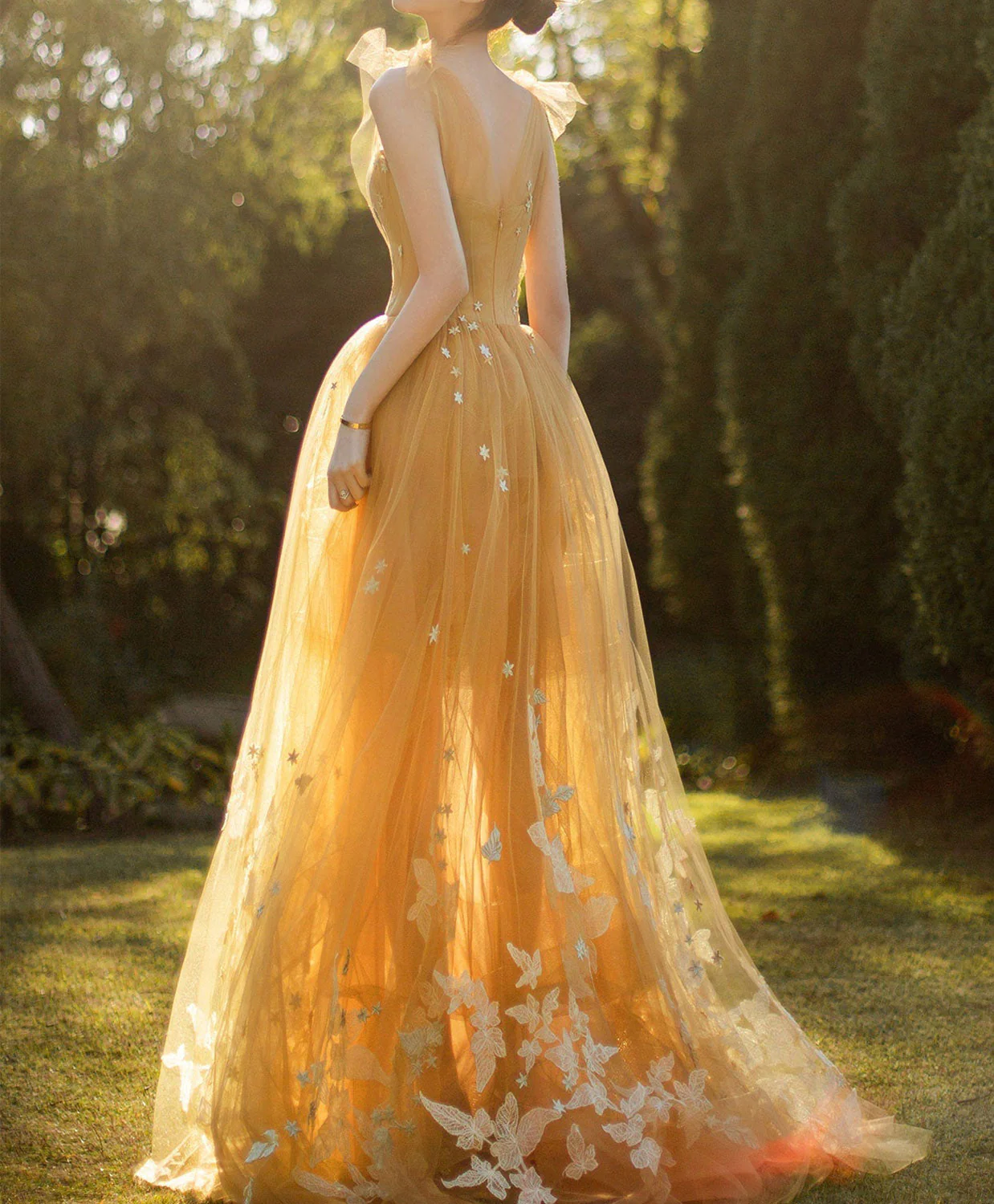 Robe de bal longue en tulle et dentelle champagne, robe de soirée en tulle et dentelle nv859