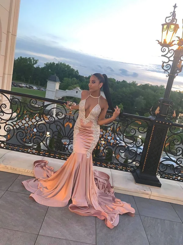 A-Linie, V-Ausschnitt, Meerjungfrau, langes Ballkleid, mit Schleppe und Applikationen, Ballkleid nv873