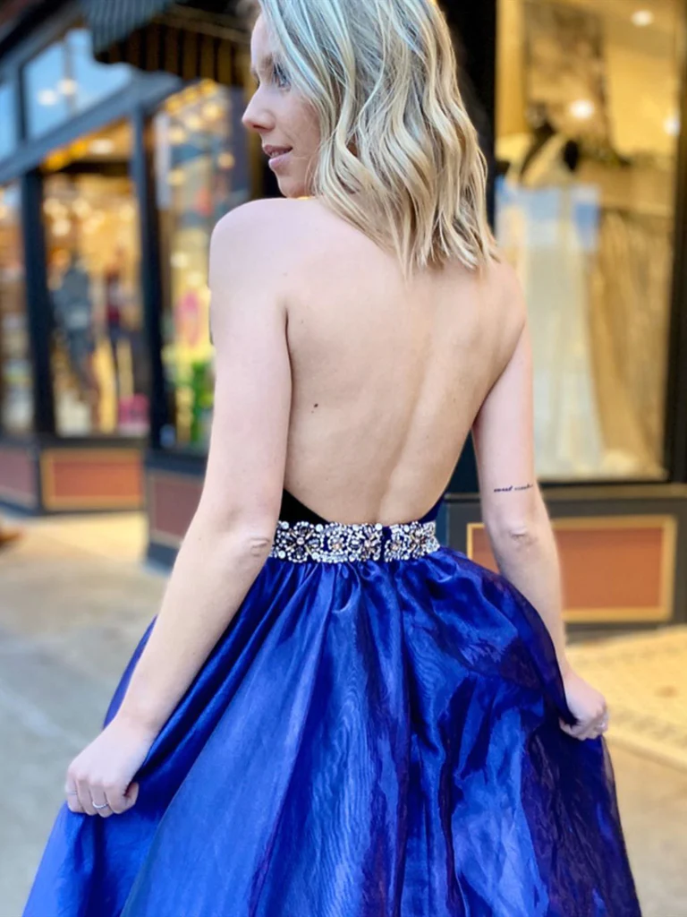 Blaue rückenfreie Ballkleider mit V-Ausschnitt, blaue Abendkleider mit offenem Rücken und V-Ausschnitt nv707