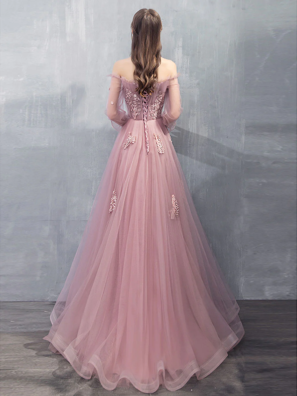 Robe de bal longue en tulle et dentelle rose coupe A Robe de soirée en dentelle rose nv861