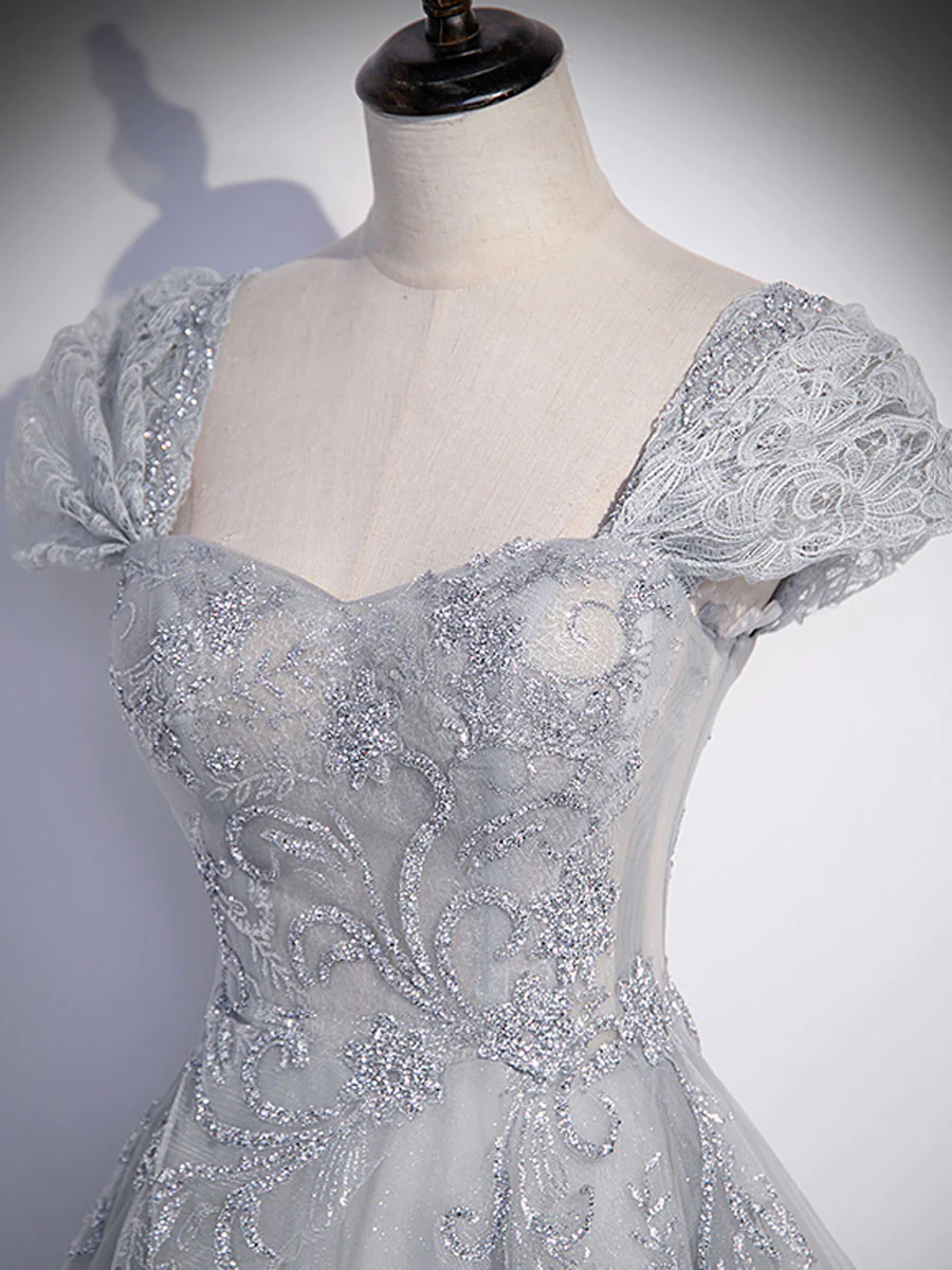 Langes Ballkleid aus grauer Tüllspitze, langes Abendkleid aus grauer Tüllspitze nv596