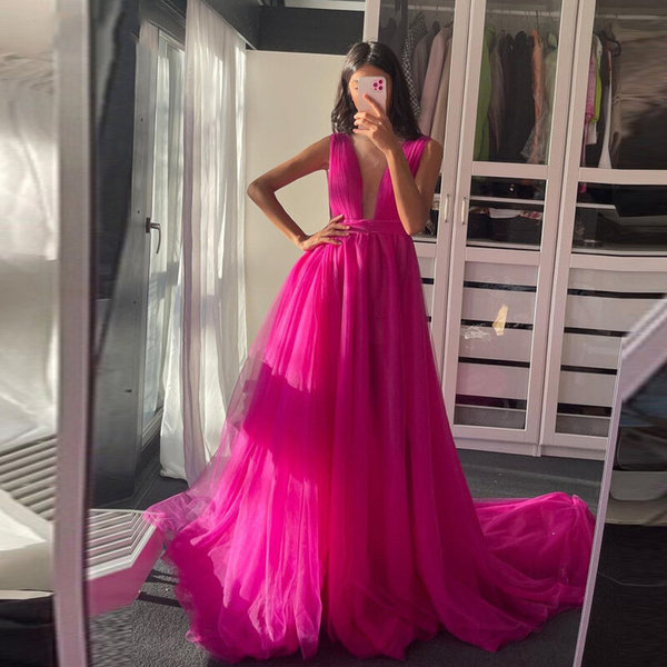 Sexy tiefem V-Ausschnitt, langes Tüll-Ballkleid, ärmellos, A-Linie, formelles Abendkleid nv776
