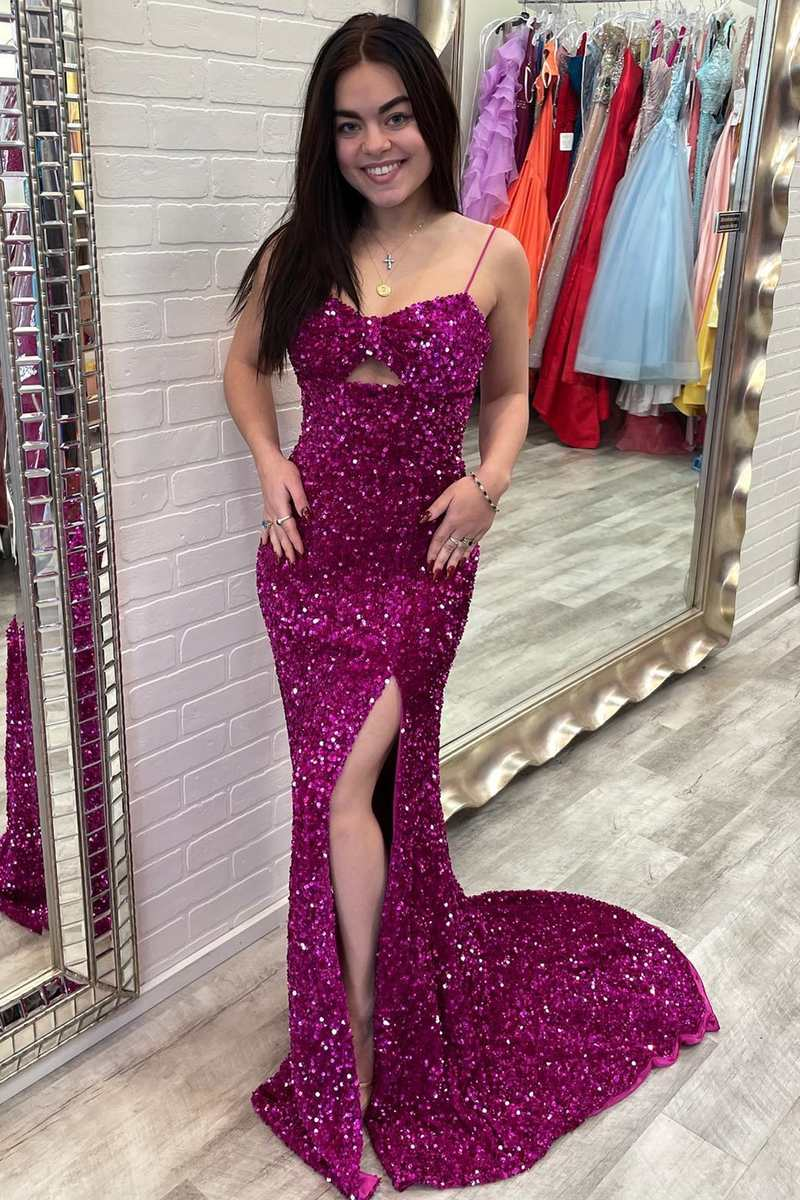 Fuchsia Pailletten Keyhole Meerjungfrau langes Ballkleid mit Schlitz nv805