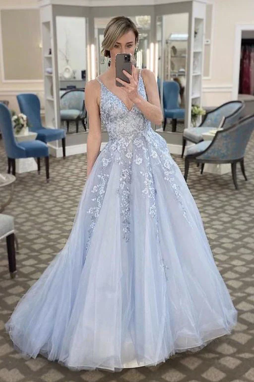 Stilvolles, nebelfarbenes Tüll-Spitzen-A-Linien-Abendkleid mit V-Ausschnitt und Applikationen, lange Ballkleider, nv796