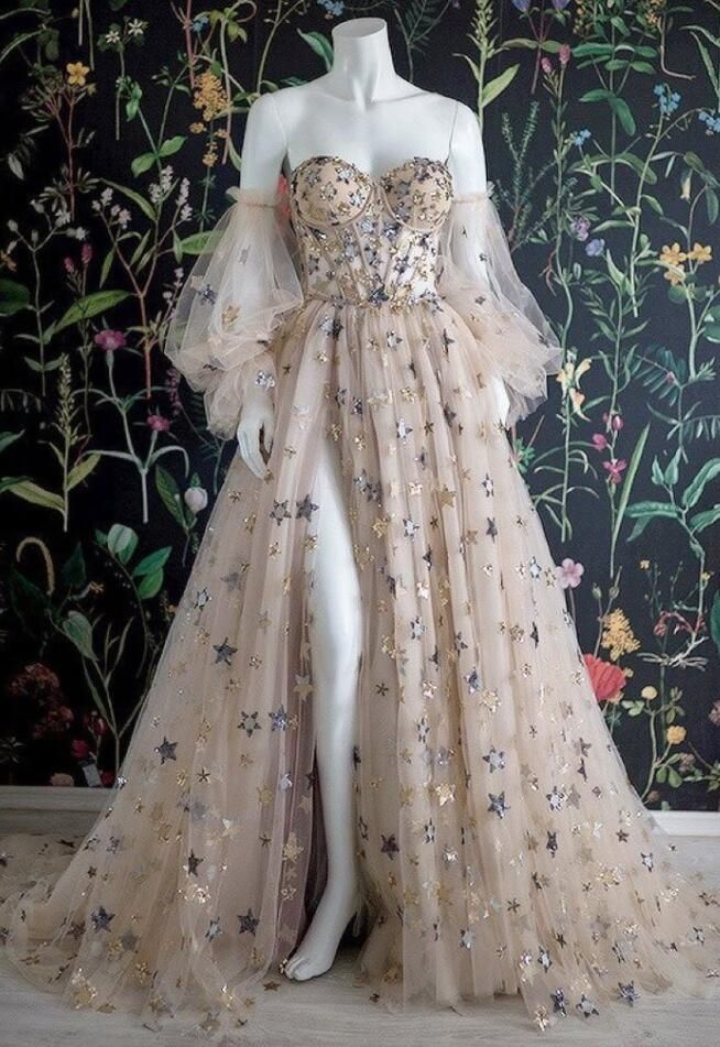A-Linie Herzausschnitt Champagner Tüll Puffärmel Ballkleid nv811