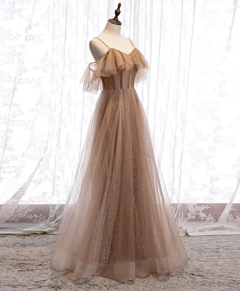 Champagner Tüll Pailletten langes Ballkleid Champagner Abendkleid nv880