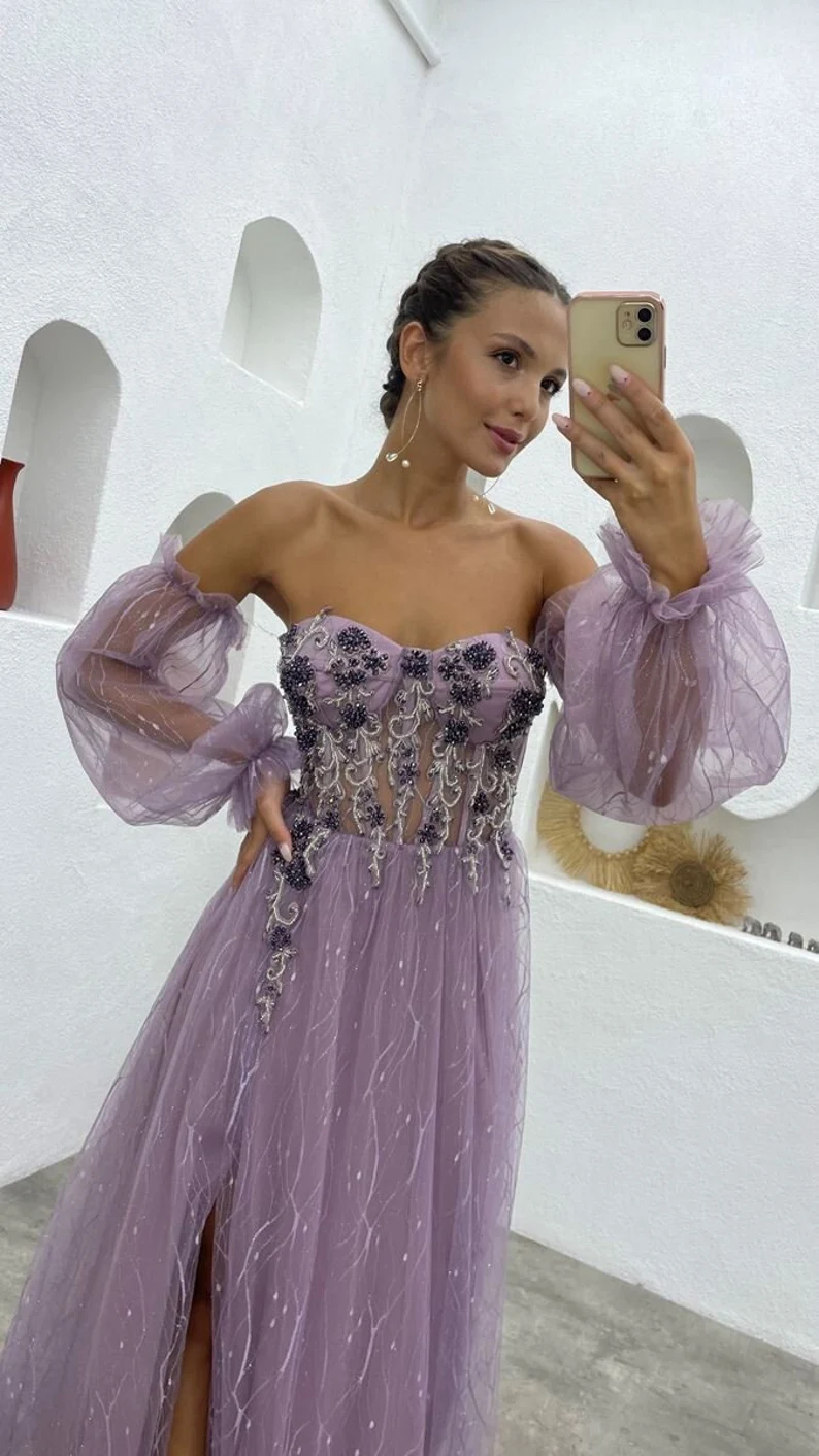 Fantasy-Feen-Ballkleid, Korsett-Tüll-Ballkleid, Anlasskleid, lila Kleid für die Mutter der Braut, formelles Bustierkleid nv795