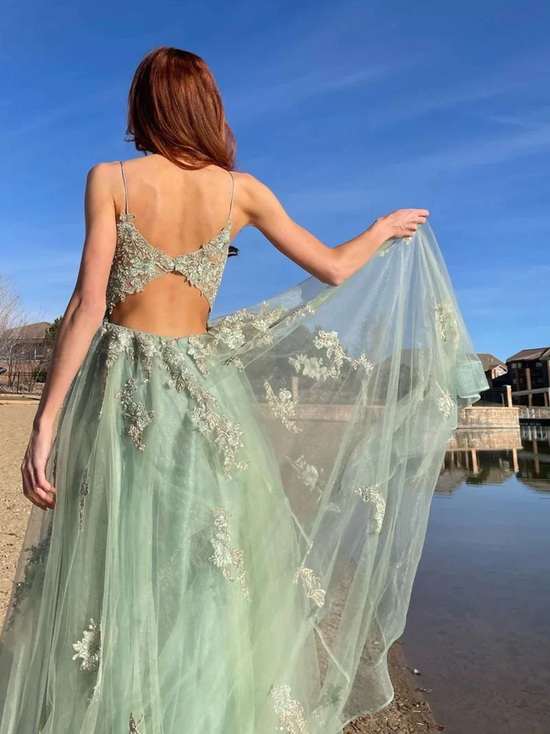 Robe de bal longue en tulle vert et dentelle, robe de soirée en tulle vert et dentelle nv809