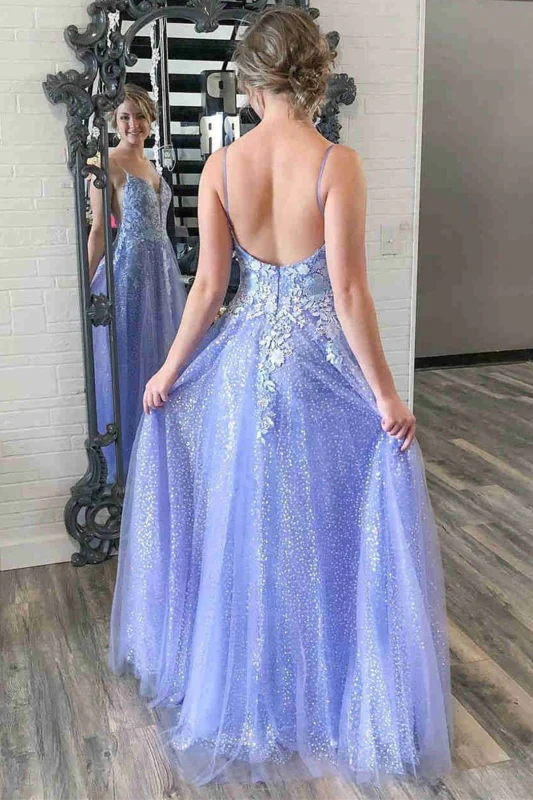 V-Ausschnitt, rückenfreies, langes Ballkleid aus lila Spitze mit 3D-Blumen, glänzendes, lila, florales Spitzenkleid für die Abschlussfeier, nv888
