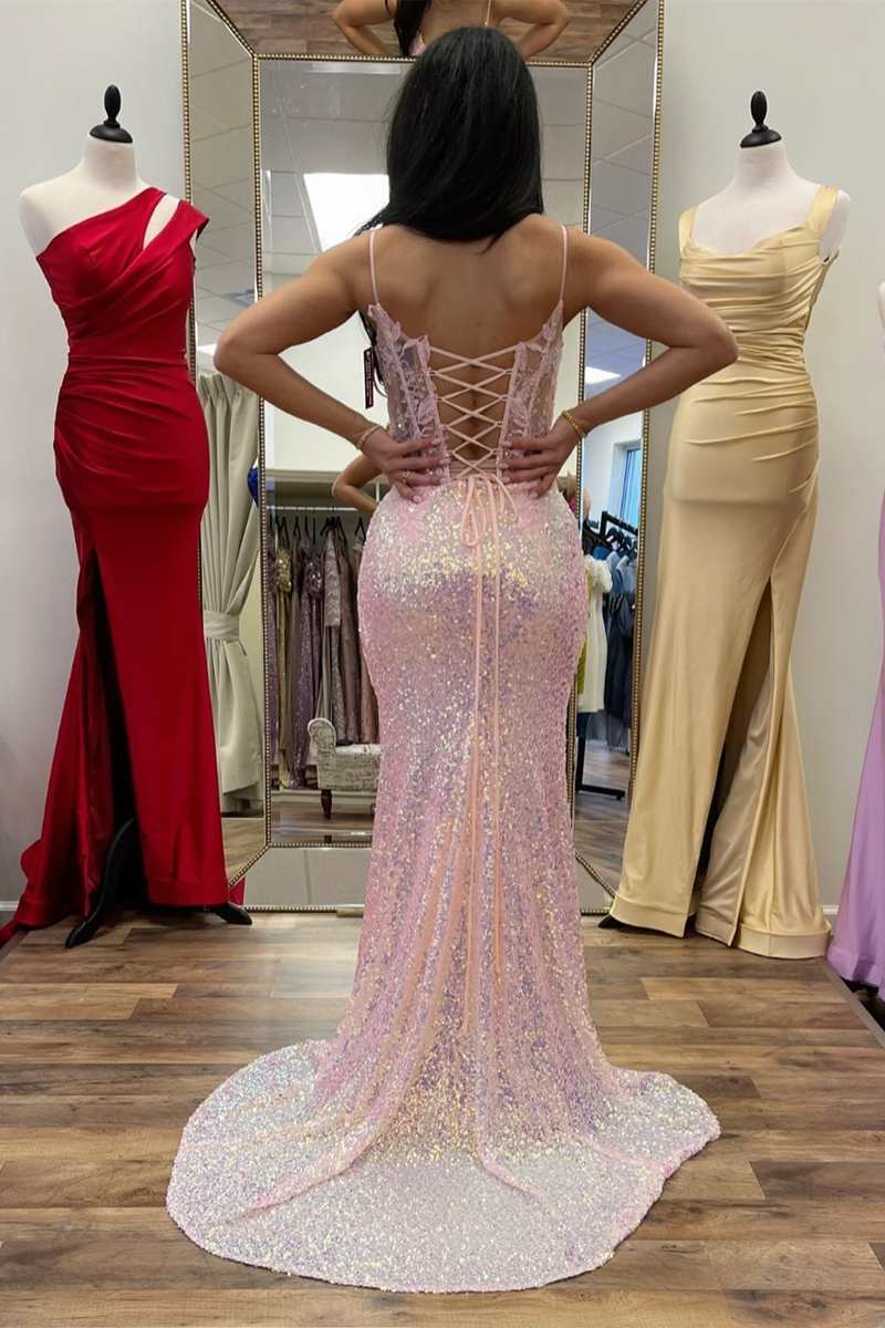 Hellblaues, schillerndes langes Ballkleid im Meerjungfrauen-Stil mit Pailletten und Blumenspitze und Schlitz nv803