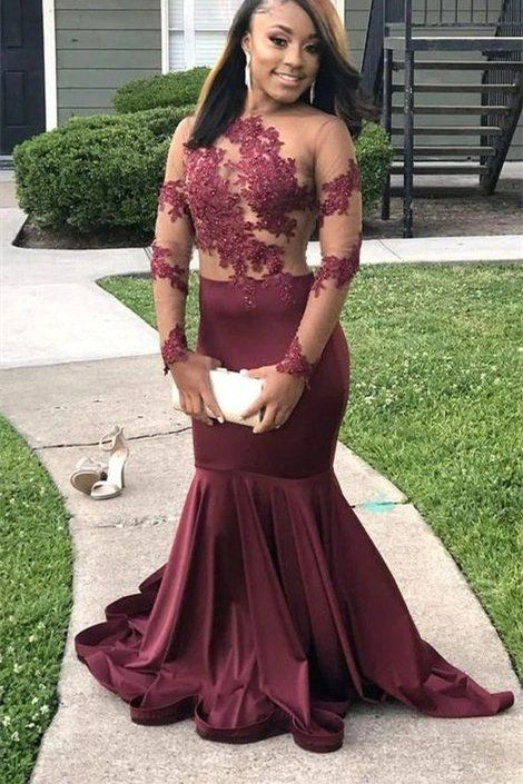 Robe de bal sirène à manches longues et col rond bordeaux avec appliques longues nv922