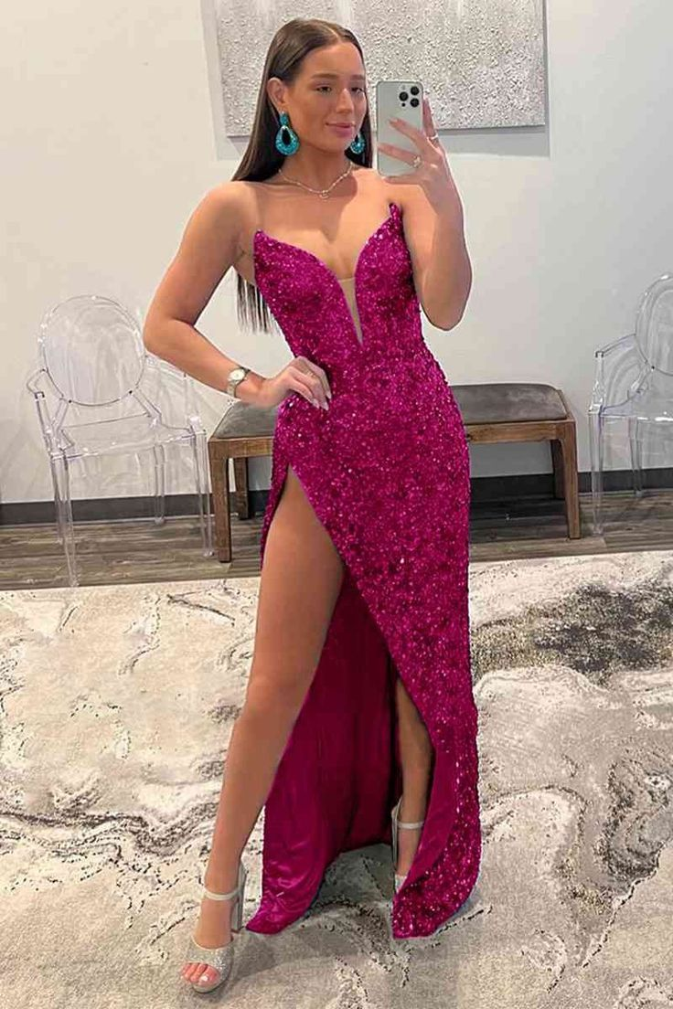 Trägerloses langes Ballkleid mit Pailletten in Fuchsie nv993