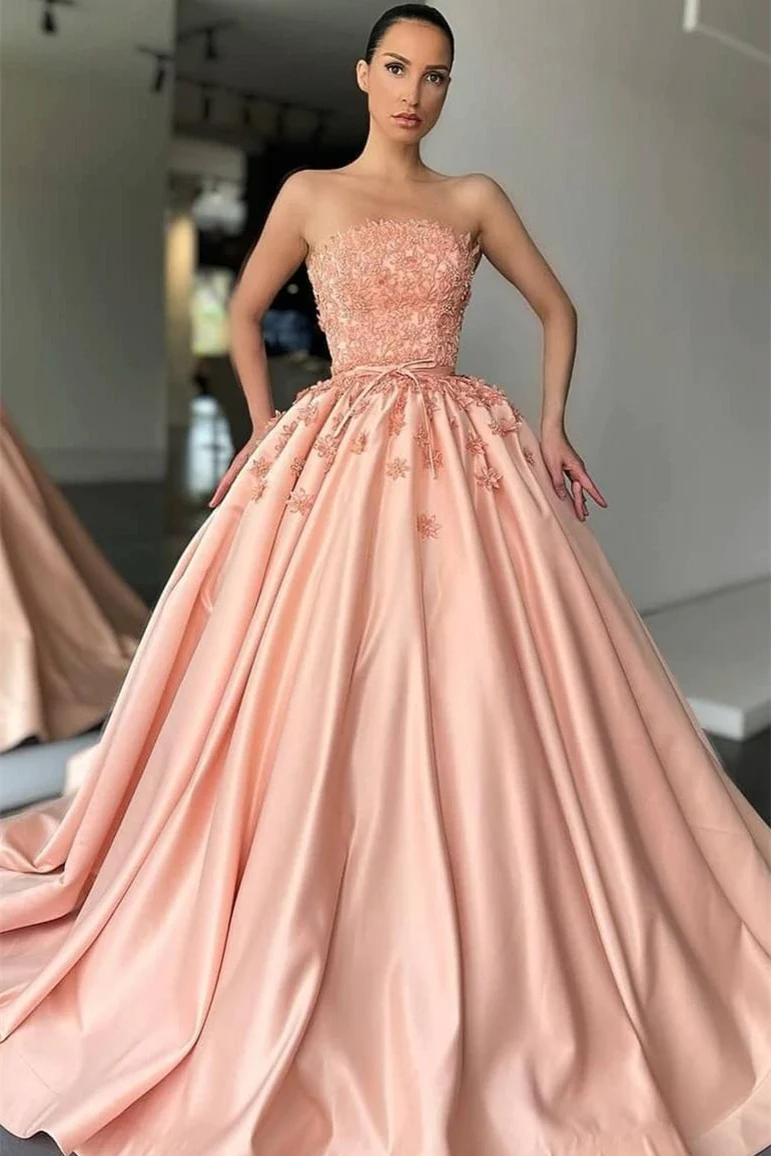 Ballkleid, trägerlos, mit Spitzenapplikationen, bodenlang, ärmellos, Ballkleid nv172