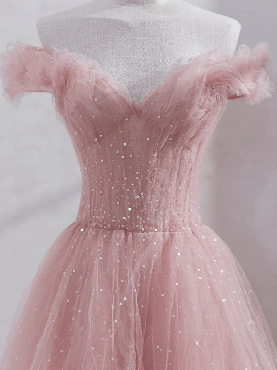 Rosa schulterfreies Tüll-Ballkleid in Teelänge, rosa Tüll-Hochzeits-Partykleider nv885