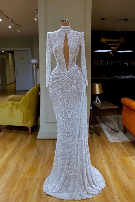 Atemberaubendes langärmliges Ballkleid mit hohem Hals und Pailletten im Meerjungfrauen-Stil, langes Abendkleid, NV135