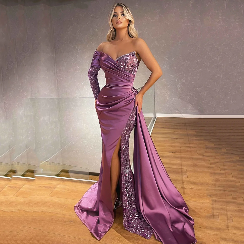 Sexy Damen Eine Schulter Ärmel Pailletten Ball Abendkleid Meerjungfrau Schwanz Seite Schlitz Formale Party nv418