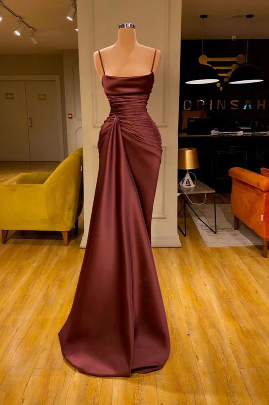 Burgunderrotes langes Ballkleid im Meerjungfrau-Stil mit Spaghettiträgern und Rüschen, NV150