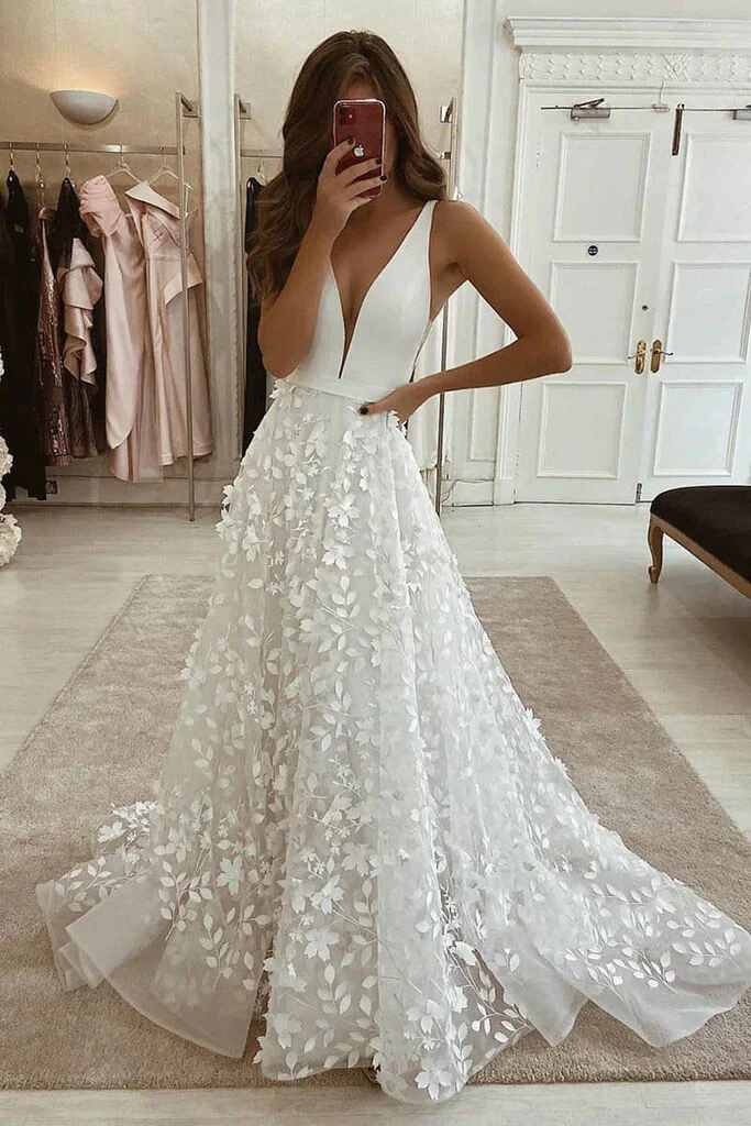 A-Linie Bohemian Brautkleid mit Spitzenapplikationen Strand Brautkleid nv194