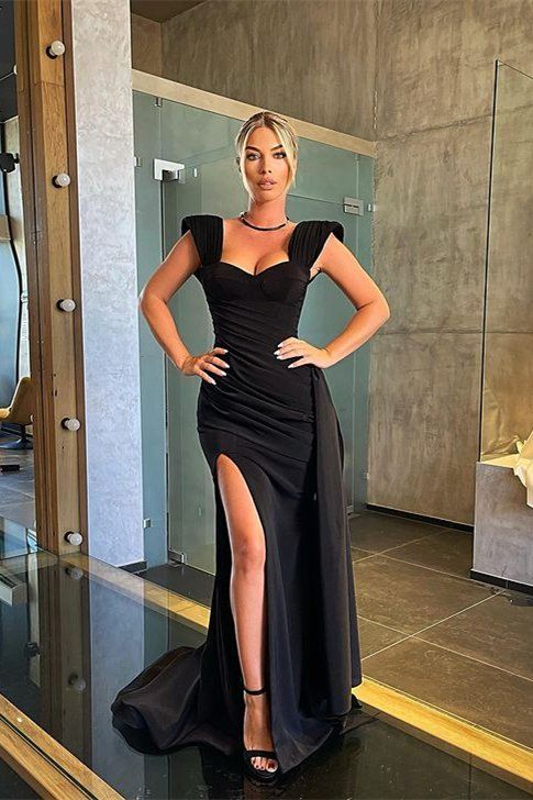 Schwarzes langes Meerjungfrauen-Ballkleid mit geschlitzten Rüschen nv304