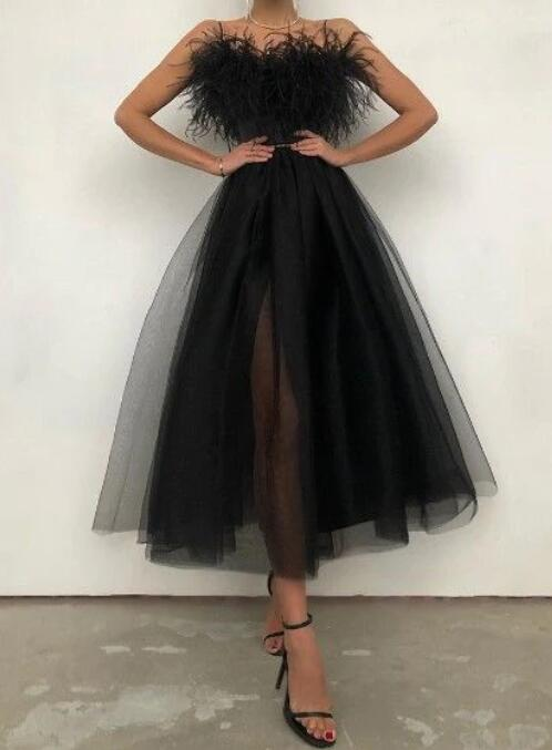 Sexy schwarzes trägerloses Ballkleid in Teelänge nv552