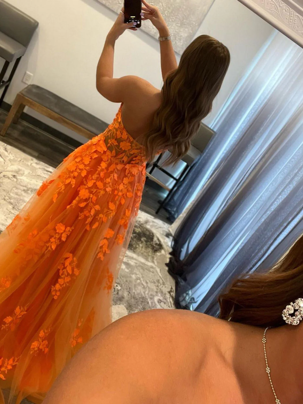 Orangefarbenes langes Ballkleid aus Tüllspitze mit herzförmigem Ausschnitt, orangefarbenes formelles Abschlusskleid nv943