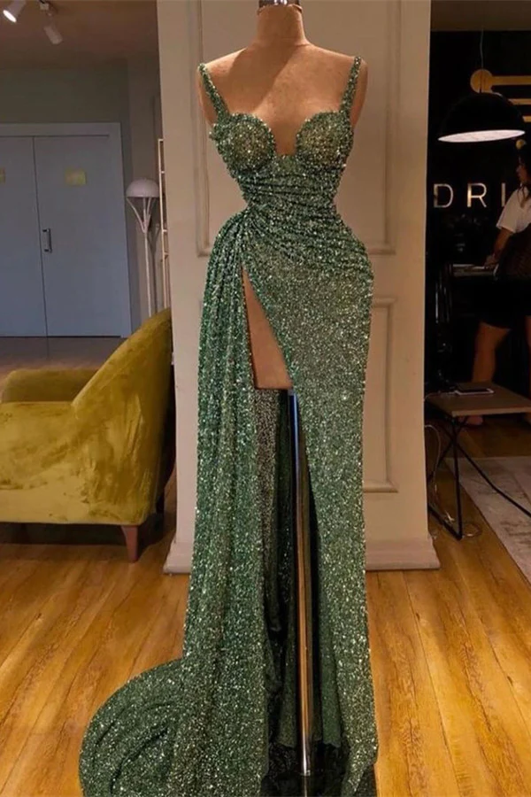 Spaghettiträger-Meerjungfrauen-Ballkleid mit glänzenden Pailletten und Schlitz, NV156