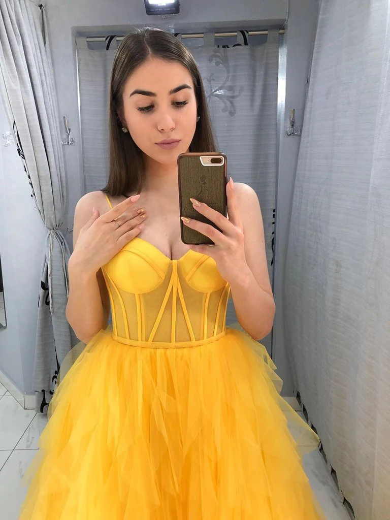 Fashion Yellow Tulle Prom Dress A Line Sleeveless Prom Gown nv976