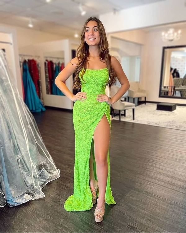 Sparkly Mermaid Scoop Neck Neon Green Prom Dresses with Slit nv257