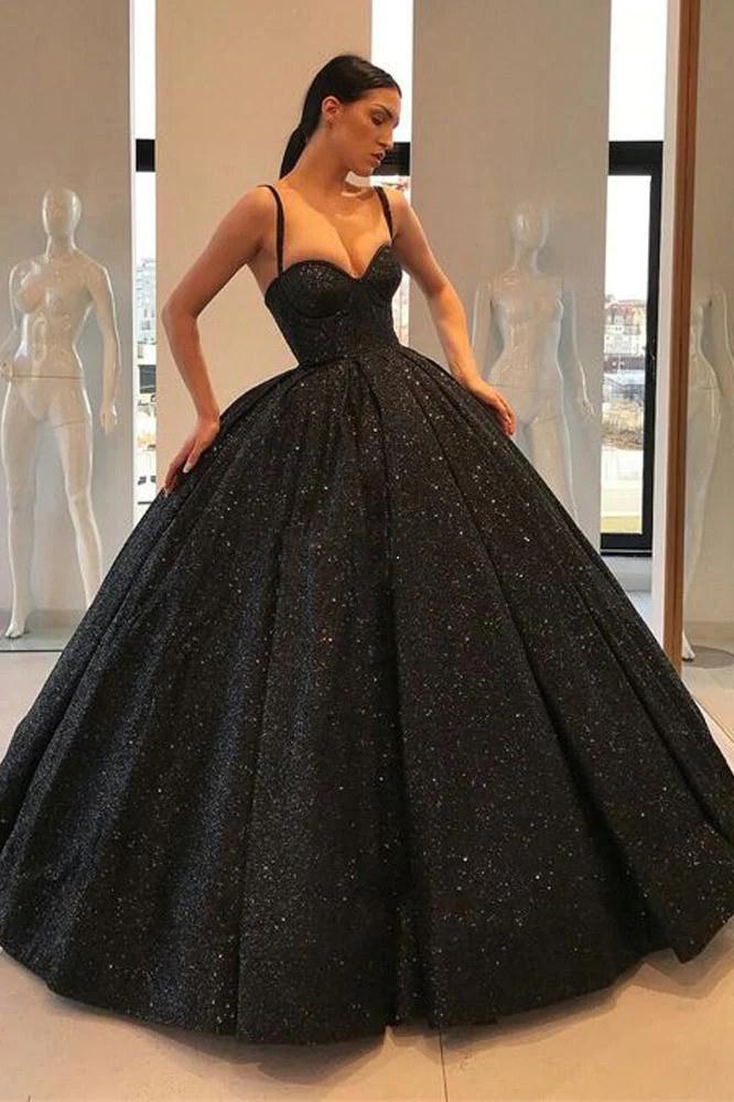 Spaghettiträger Schwarzes Sweetheart Quinceanera Kleid, Ballkleid Pailletten Ballkleider nv201