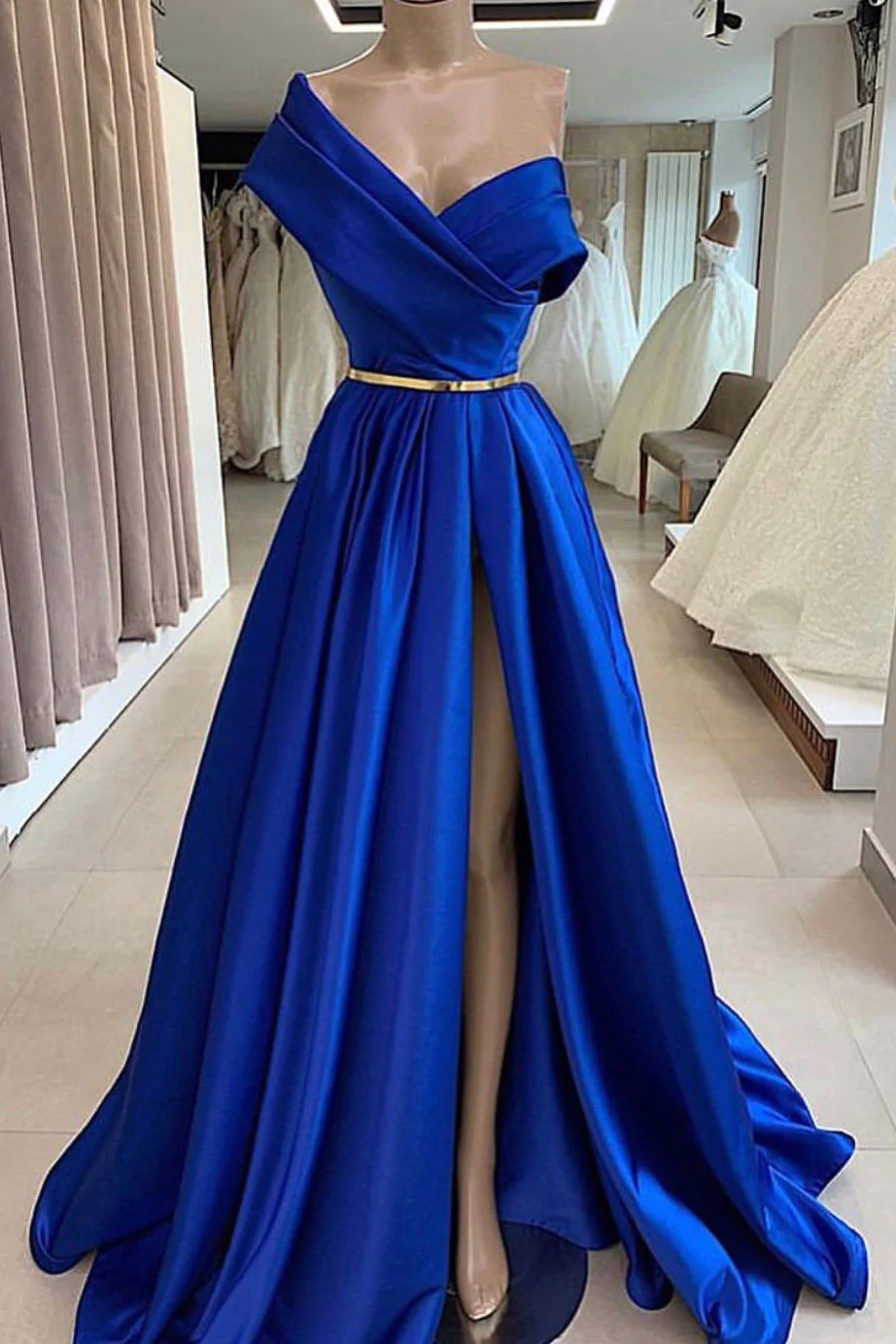 Langes Ballkleid aus blauem Satin, langes Abendkleid aus blauem Satin nv395