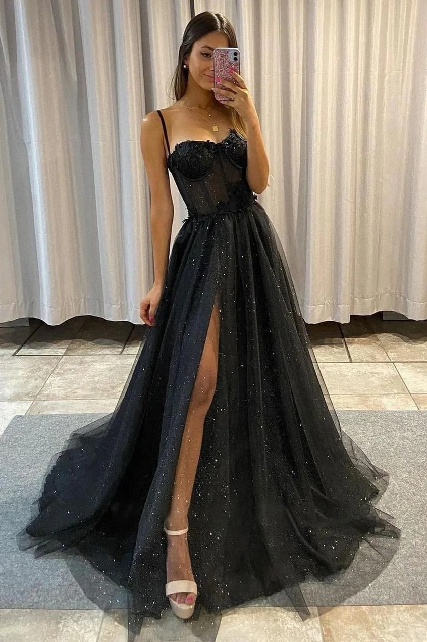Sparkle Spaghetti Strap Black A-line Princess Tulle Prom Dress nv145