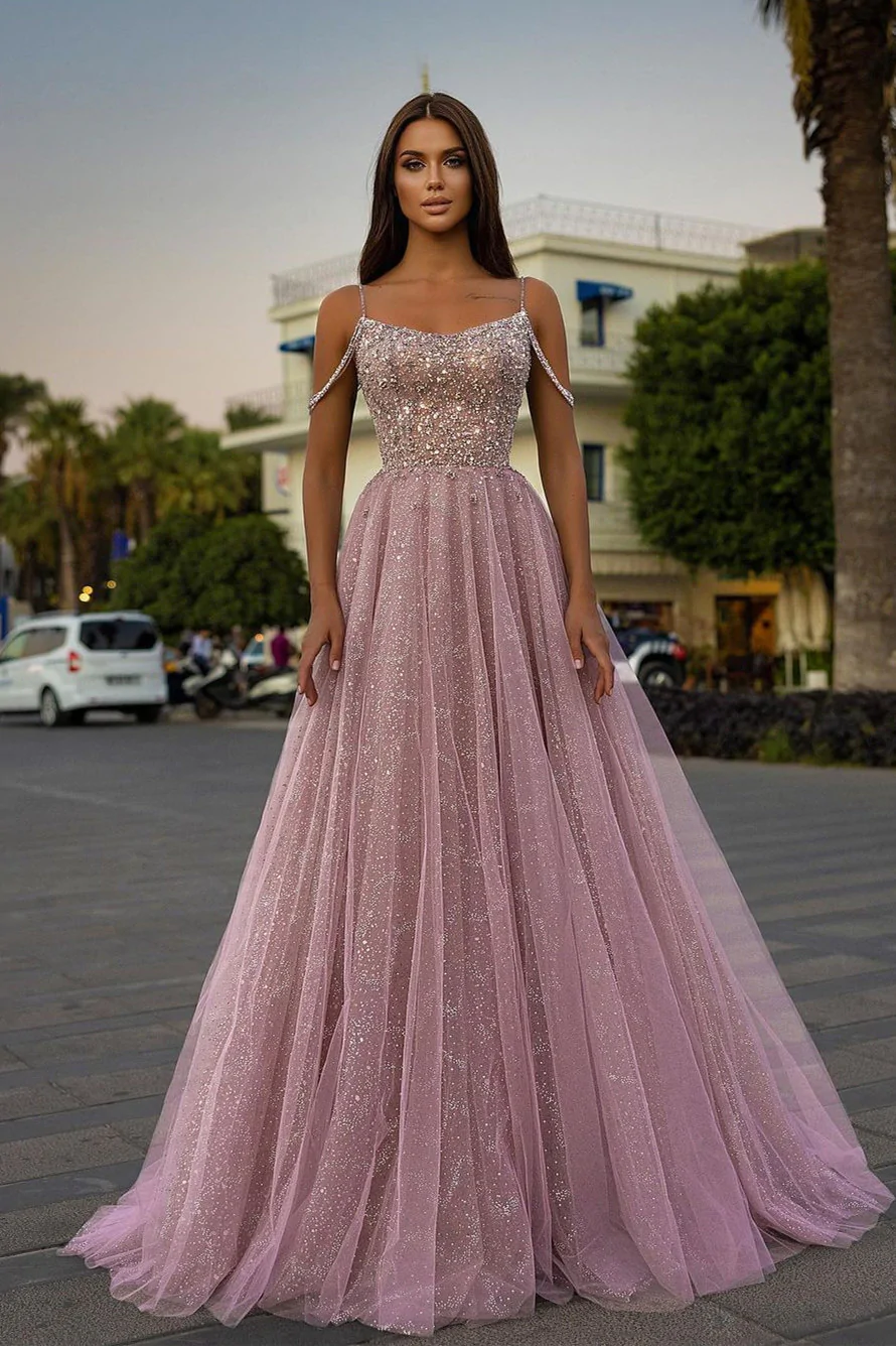 Glitzerndes, mit Perlen besetztes A-Linien-Ballkleid im Prinzessinnen-Stil in Rosa, Spaghettiträger, nv146