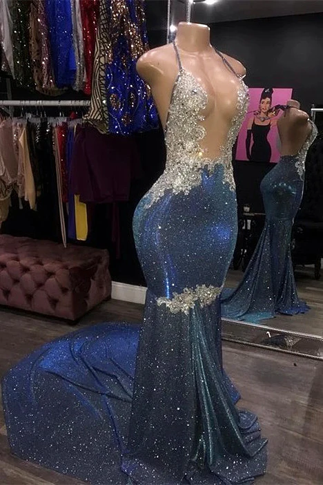 Rückenfreies, langes Ballkleid mit tiefem V-Ausschnitt und Schleppe aus funkelnden Pailletten, NV142